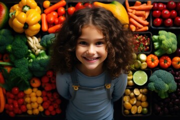 Fototapeta na wymiar Little girl with variety of fruit and vegetable. Colorful rainbow of raw fresh fruits and vegetables.