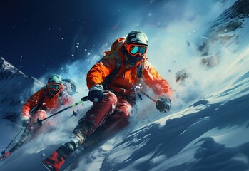 Winter adventure: two skiers skiing down a snowy mountain under a clear blue sky