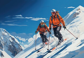 Winter adventure: two skiers skiing down a snowy mountain under a clear blue sky - obrazy, fototapety, plakaty