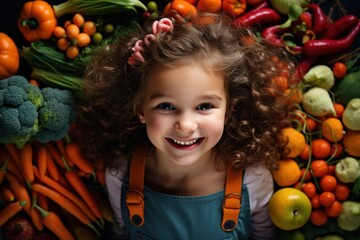 Fototapeta na wymiar Little girl with variety of fruit and vegetable. Colorful rainbow of raw fresh fruits and vegetables.