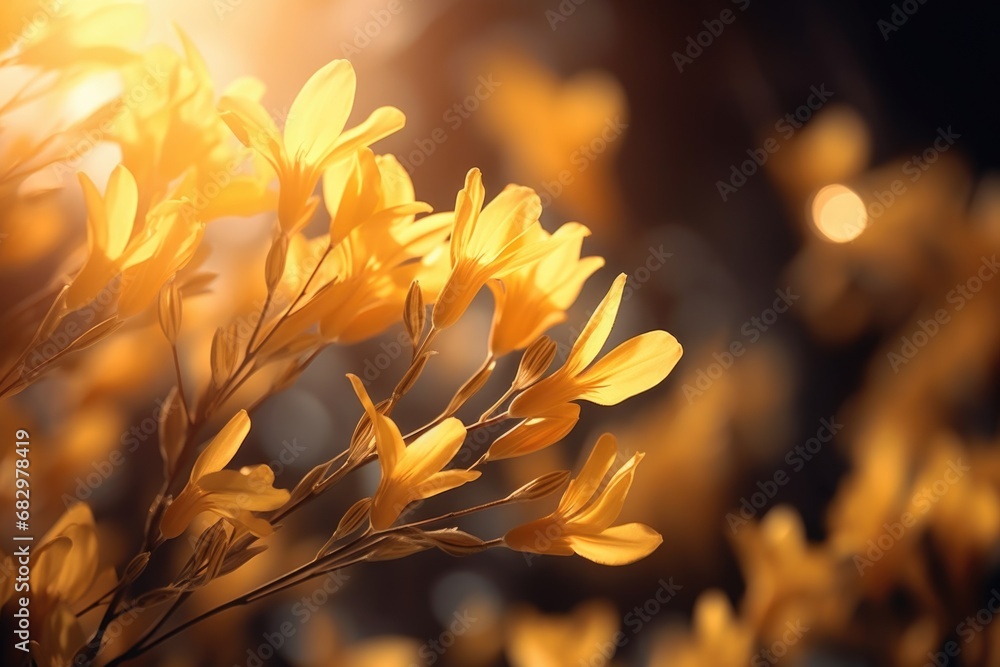 Poster a close up view of a plant featuring vibrant yellow flowers. this image can be used to add a touch o