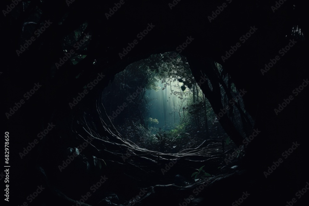 Poster a captivating image of a dark forest with a multitude of towering trees. this picture can be used to