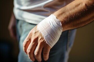 Orthopedic doctor care investigates patient wound of arm hand finger cover by splint bandage cast. - obrazy, fototapety, plakaty