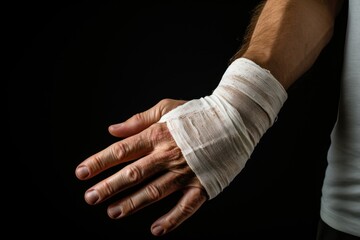 Orthopedic doctor care investigates patient wound of arm hand finger cover by splint bandage cast.