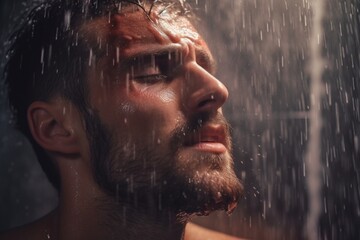 A man standing under a shower in the rain. Can be used to depict a refreshing and rejuvenating experience in nature.