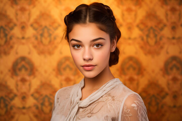 Elegant 15-year-old Moroccan teenager poses in the studio. looking at camera on bright background