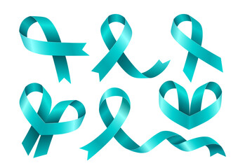 Set of Teal ribbons. Awareness for cervical cancer, Ovarian Cancer, Polycystic Ovary Syndrome (PCOS), Post Traumatic Stress Disorder(PTSD), Obsessive Compulsive Disorder(OCD). Vector 3d illustration