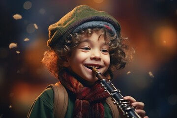 A young boy is playing a clarinet outdoors in the snow. This image can be used to depict the joy of winter activities or the passion for music. - obrazy, fototapety, plakaty