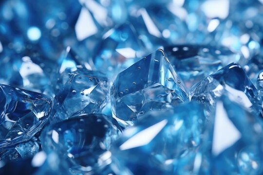 A close-up view of a bunch of blue diamonds. This image can be used to depict luxury, wealth, jewelry, or precious gemstones.