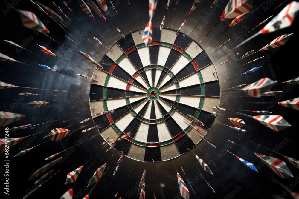 Poster a close-up view of a dart perfectly hitting the center of a dartboard. this image can be used to rep