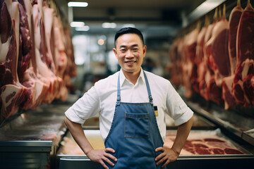 A male butcher  working in the export meat company left and right side the meat hanging and a man standing in the kitchen looking in the camera while wearing blue apron - Powered by Adobe