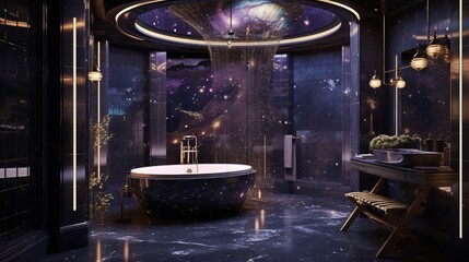 A celestial-inspired bathroom with galaxy-patterned tiles, constellation lighting, and cosmic accents.