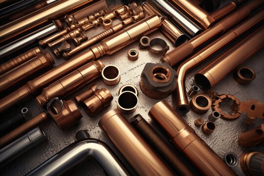 A collection of copper pipes and fittings neatly arranged on a table. This image can be used to showcase plumbing materials or as a background for a DIY plumbing project.