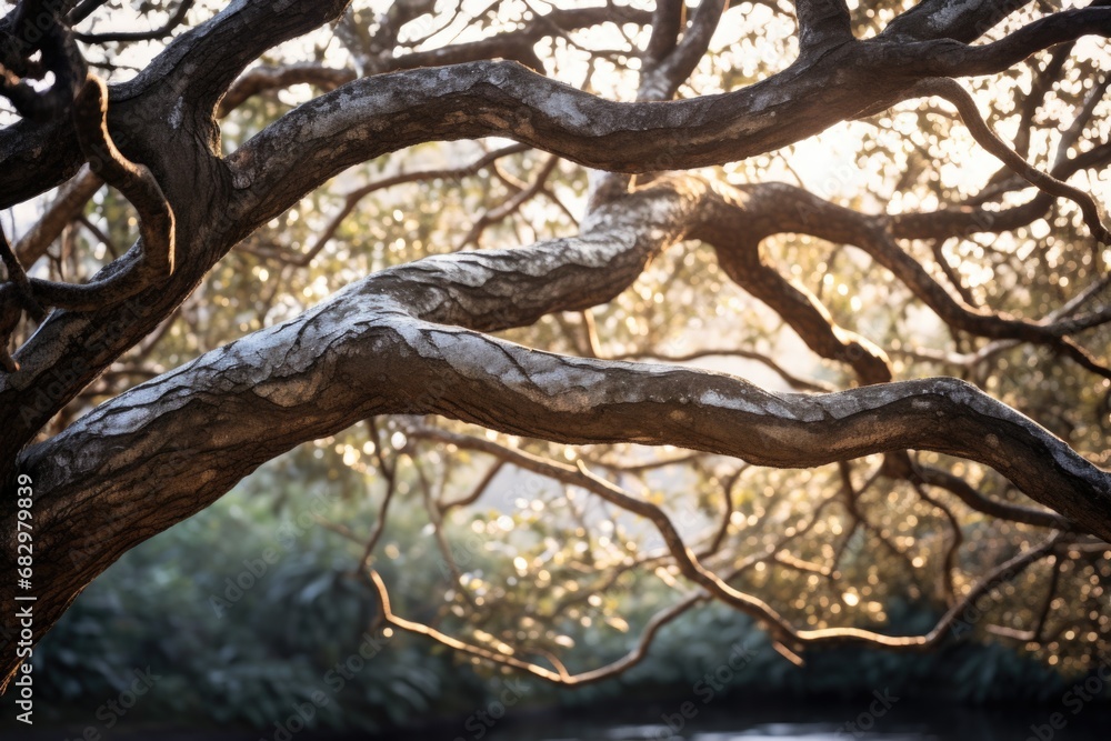 Poster a picture of a large tree with branches extending over a serene body of water. this image can be use