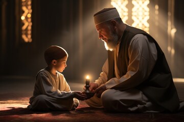 Ramadan Kareem greeting. Father and son in mosque. Muslim family praying. Man and child read Quran and pray. - obrazy, fototapety, plakaty