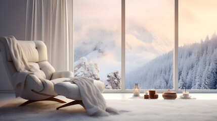 A white woolen blanket lies on a soft, cozy chair in a white room with a panoramic window. Winter landscape - 682980006