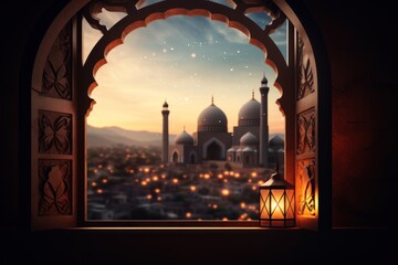 Ramadan Kareem greeting. Islamic city with mosque skyline, crescent moon and stars. View from a window.