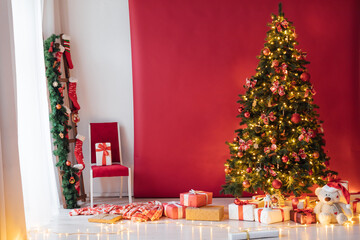 Christmas Room Interior Design, Xmas Tree Decorated By Lights Presents Gifts Toys,