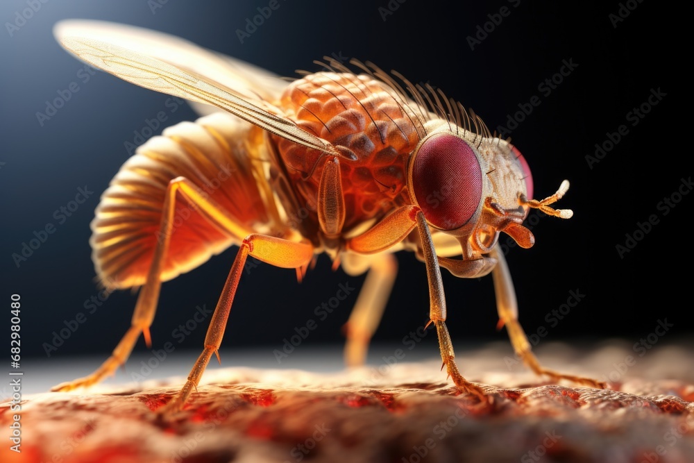 Poster a close-up view of a fruit fly on a surface. this image can be used to depict insect behavior or as 