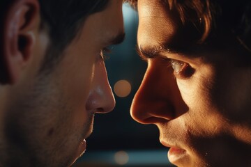 A close-up image of two men standing in front of each other. This picture can be used to depict a conversation, confrontation, negotiation, or any other interaction between two individuals