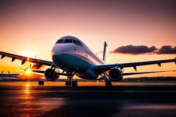 Fototapeta na wymiar Passenger plane against sunset background. Generative AI.