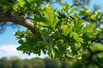 A detailed close-up of a tree branch covered in vibrant green leaves. Perfect for nature enthusiasts and environmental themes