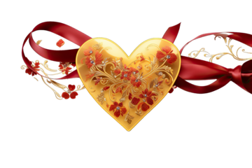 Elegant Heart Shape Made Of Luxury Red And Yellow Ribbon With Floral Ornament On Transparent Background