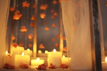 A group of lit candles sitting next to each other. Can be used to create a cozy and warm atmosphere