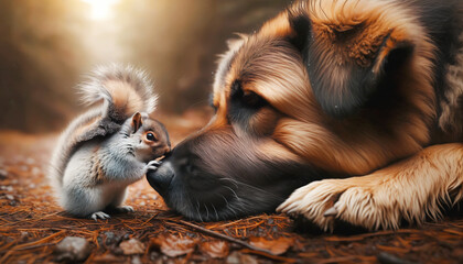 Tender moment of a tiny squirrel and a large dog nuzzling, showcasing the depth of love among unlikely friends. - obrazy, fototapety, plakaty