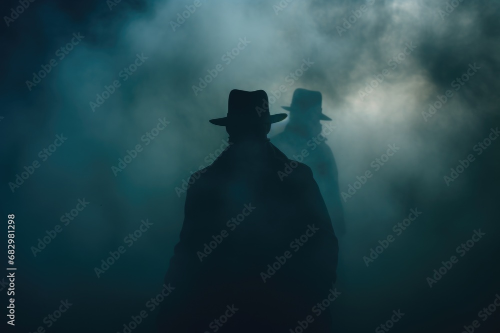 Poster a man wearing a hat stands in the midst of fog. this atmospheric image creates a sense of mystery an