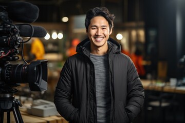 Young Asian man shooting photo by digital camera in photography studio.