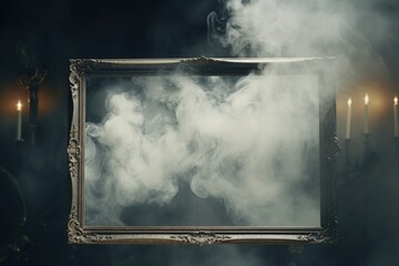 A picture frame with smoke billowing out of it. Can be used to depict mystery, illusion, or a surreal atmosphere.