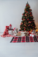 Christmas, New Year interior with red brick wall background