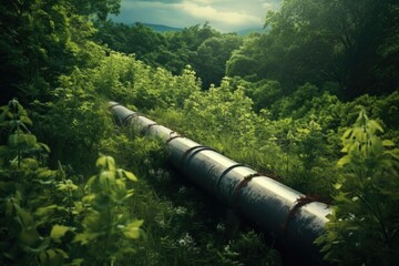 A picture of a pipe located in the center of a vibrant and verdant forest. This image can be used to illustrate the harmonious coexistence of man-made structures and nature's beauty