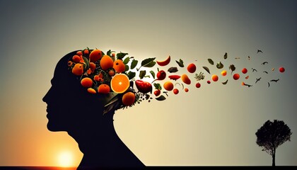 Head silhouette with vegetables and fruits. Vegan diet thinking concept. - obrazy, fototapety, plakaty