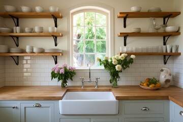 A charming country kitchen with a farmhouse sink, butcher block countertops, and open shelving.