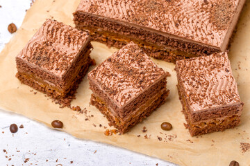 Fototapeta na wymiar Chocolate cake cut into square pieces with nut cream