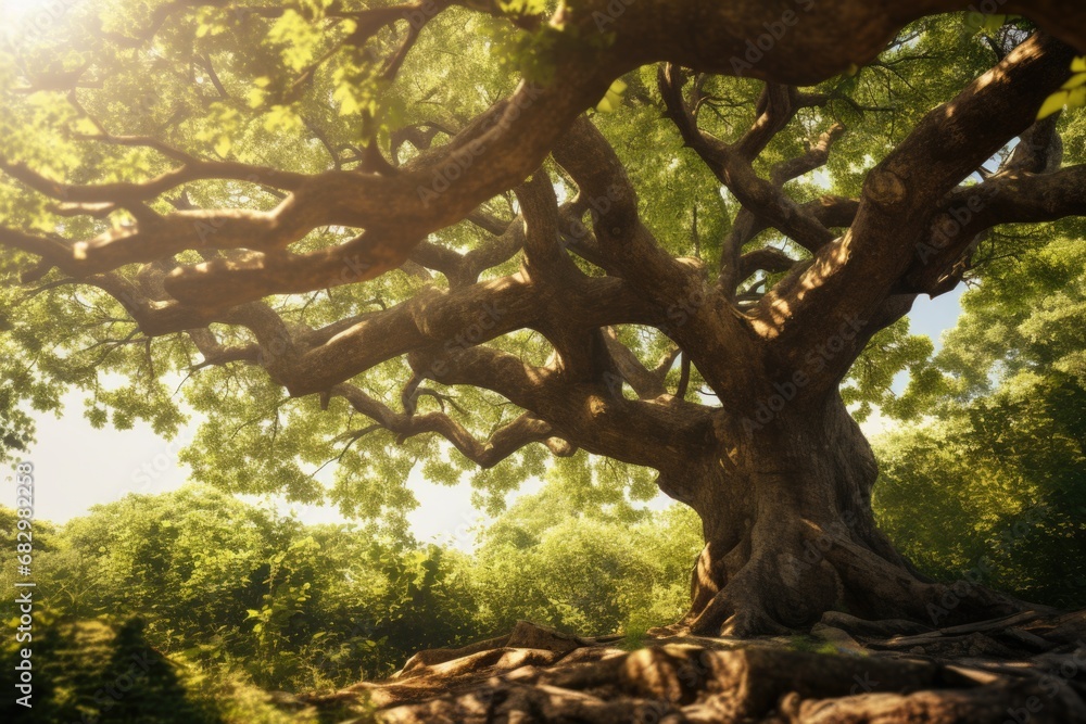 Poster a picture of a large tree standing in the middle of a forest. this image can be used to depict the b