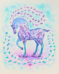 Stylized blue horse with plant motifs.Picture created with watercolors.  - 682982210