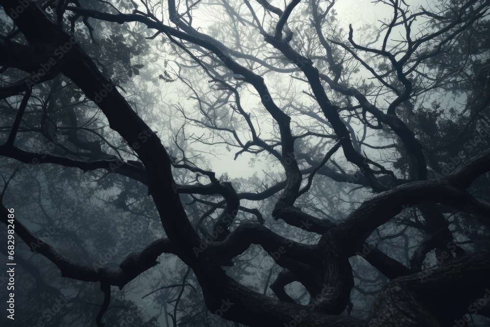 Poster a picture of a tree standing tall in the middle of a foggy forest. this image can be used to create 