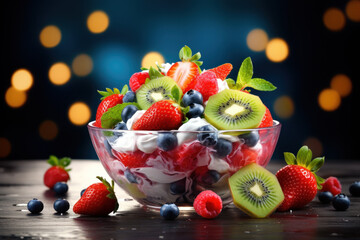 colorful fruit salad bowl Strawberries and blueberries topped with Greek yogurt in a bowl - obrazy, fototapety, plakaty