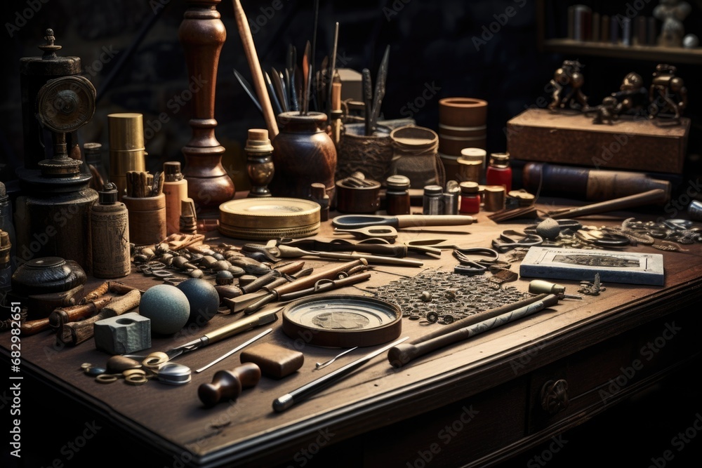 Poster a wooden table displaying a wide variety of tools. this image can be used to illustrate craftsmanshi