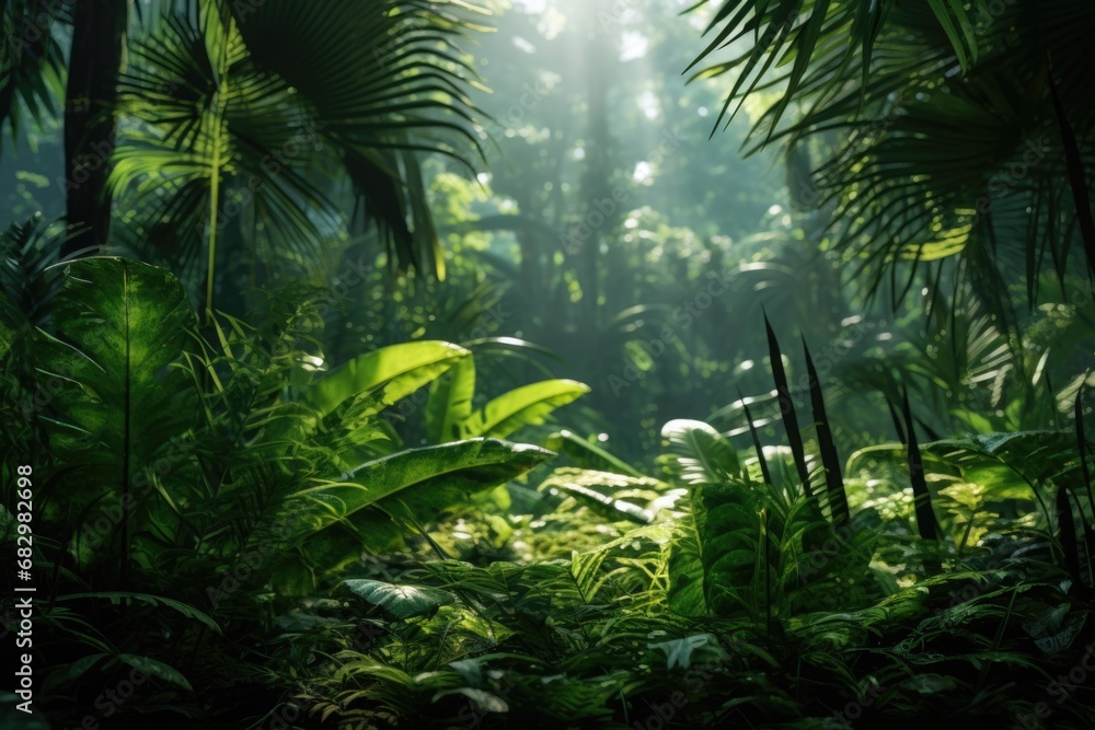 Poster a picture capturing the beautiful sunlight filtering through the dense trees in the jungle. perfect 
