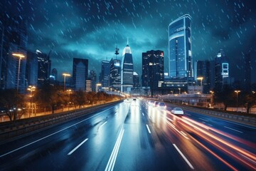 A city street at night with cars driving in the rain. Suitable for urban and transportation themes