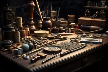 Obraz premium A wooden table displaying a wide variety of tools. This image can be used to illustrate craftsmanship, DIY projects, or a workshop setting