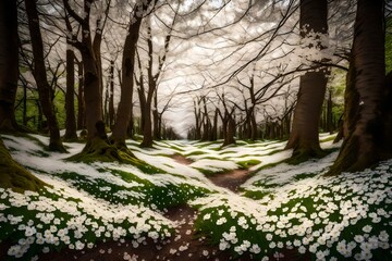 Delicate white cherry blossoms drifting down from the trees, carpeting the forest floor in a fragrant blanket.
