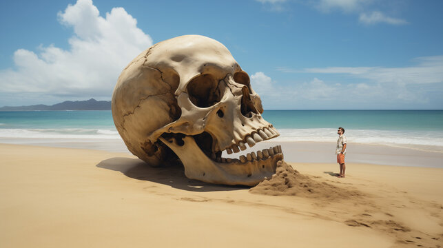 Giant skull washed up on a tropical beach, in front of a man watching this surreal scene