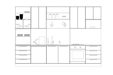 Kitchen interior furniture isolated on transparent background, outline illustration, sketch