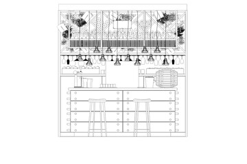 Kitchen interior furniture isolated on transparent background, outline illustration, sketch