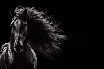 Obraz na płótnie Canvas Black and white banner of a magnificent black stallion horse isolated on black background with copy space. ai generative